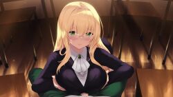 1boy ascot black_jacket blazer blonde_hair blush breasts cait_aron classroom closed_mouth commentary_request desk female glasses green_eyes hair_between_eyes highres jacket large_breasts long_hair long_sleeves paizuri paizuri_under_clothes pov pov_crotch school_desk shirt smile straight tearju_lunatique to_love-ru to_love-ru_darkness white_ascot white_shirt