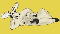 absurd_res animal_genitalia anthro antlers armpit_hair black_genitals body_hair brown_body brown_fur chest_hair deer equine_genitalia erection flat_colors foreskin fur genitals goerg_(artist) hairy_belly hi_res hooves horn lustful_gaze lying male male_only mammal moose new_world_deer nude on_side overweight penis penis_spots pose resting_head ribbed_penis simple_background smile solo thick_thighs toony