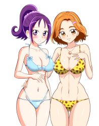 2girls aged_up belly_button big_breasts bikini blush breasts female female_only futari_wa_precure_splash_star hyuuga_saki kibou_no_chikara:_otona_precure_23 light-skinned_female medium_breasts mishou_mai necklace nipples_visible_through_clothing orange_eyes orange_hair ponytail precure pretty_cure purple_eyes purple_hair sakurajima1go swimsuit white_background