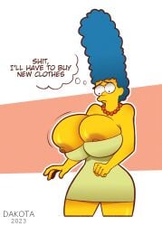 2023 blue_hair dakota018 fully_clothed huge_breasts hyper_breasts marge_simpson milf necklace pink_background text the_simpsons voluptuous white_background yellow_body