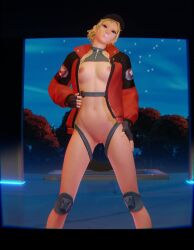 3d blonde_hair breasts bubble_gum female female_only fortnite harness nipples piper_pace_(fortnite) pussy shin_pads solo tomboy