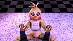 1female 1male 3d 4_fingers angry animatronic annoyed_expression avian bib breasts chicken disgusted evil_grin five_nights_at_freddy's fnaf grin hand_holding holding_hands human_on_anthro human_on_robot male_holding_female missionary_position pink_nipples rosy_cheeks sfm shiny_body smiling smiling_at_viewer source_filmmaker table_sex toy_chica_(fnaf) yellow_body yellow_breasts yellow_hair