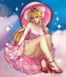 ass big_ass big_breasts blonde_hair blue_eyes clouds collar collarbone earrings eyelashes heels huge_ass lips long_hair mario_(series) nintendo panties parasol princess_peach red_heels rosenskye sparkles thick_thighs thighs