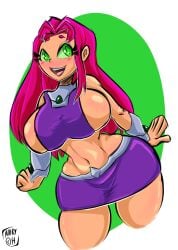 1girls alien alien_girl big_breasts blush bracelet breasts cartoon_network curvaceous curvy curvy_body curvy_figure dc dc_comics green_eyes happy huge_breasts long_hair long_hair_female looking_at_viewer maikyoh miniskirt open_mouth orange_skin red_hair simple_background skirt smile smiling smiling_at_viewer starfire teen_titans thick_thighs