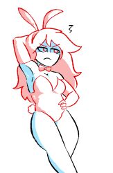 angry annoyed armpits arms_behind_back bowtie breasts bunny_ears bunny_tail bunnysuit chubby cleavage eyelashes gloves limited_palette long_hair overly_sarcastic_productions overt red_(overly_sarcastic_productions) red_eyes red_hair shy thick_thighs thighs white_background white_body white_skin youtube youtuber