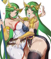 2girls armor ashiomi_masato ass bare_back bare_chest big_ass big_butt big_thighs black_dress breasts butt dress duo eyebrows_visible_through_hair eyes_visible_through_hair female female_only green_eyes green_hair heart kid_icarus laurel_crown light-skinned_female light_skin long_hair looking_at_viewer nintendo open_mouth palutena selfcest split_dress square_crossover staff stocking strapless strapless_dress thick thick_ass thick_butt thick_hips thick_thighs thighhigh thighs v very_long_hair white_background white_dress wide_hips