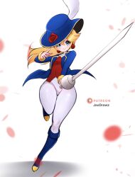 1girls blonde_hair blue_eyes boots earrings female female_only fence hat jaxartdump jaxdrawz long_hair mario_(series) nintendo princess_peach princess_peach:_showtime! swordfighter_peach thick_thighs tight_clothing tight_pants