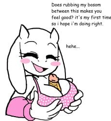 1boy 1girls alterswap alterswap_toriel altertale big_breasts bra closed_eyes clothed clothed_sex clothing comic_sans cute edit frisk furry happy happy_sex paizuri shortstack simple_background smile smiling text titjob toriel underswap undertale undertale_(series) undertale_fanfiction