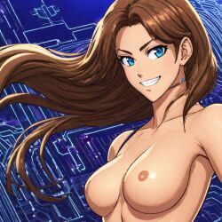 1girls ai_generated blue_background blue_eyes breasts brown_hair circuit_board f-zero facing_viewer female female_only flowing_hair grin jody_summer long_hair looking_at_viewer medium_breasts naked naked_female nintendo nipples nude nude_female parted_bangs small_areolae solo solo_female upper_body wavy_hair