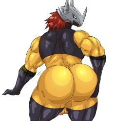 2023 anthro ass balls bandai_namco biceps big_balls big_butt bottomless bottomless_anthro bottomless_male brown_hair bubble_butt butt_focus butt_squish clothed clothing crop_top digimon digimon_(species) digital_drawing_(artwork) digital_media_(artwork) fingers genitals girokett gloves green_eyes hair handwear hi_res holding_butt huge_ass huge_butt legwear looking_at_viewer looking_back male male_only muscular muscular_anthro muscular_male scales shirt short_hair simple_background solo squish thick_thighs thigh_highs topwear wargreymon white_background wide_hips yellow_body yellow_scales