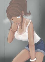 1girls artist_request asahina_aoi clothed danganronpa danganronpa_3 dark-skinned_female dark_skin female_only ponytail sole_female steam steaming steaming_body steamy steamy_breath tagme winking_at_viewer