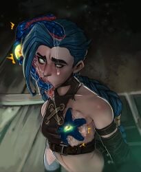 ahe_gao arcane arcane_jinx blue_eyes blue_hair braid commission crossover dc dc_comics drooling eyes_rolling_back eyeshadow female glowing_eyes jinx_(league_of_legends) league_of_legends mind_break mind_control mindfuck oral oral_insertion possession reliusmax riot_games ripped_clothing starro tattoo tongue tongue_out wet_breasts wet_skin