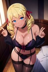 1girls ai_generated bedroom belly_button black_bra black_panties blonde_female blonde_hair blue_eyes bustier cleavage demenskippy facing_viewer lace-trimmed_bra large_breasts lingerie_only michela_mcfarlane non-nude pinup reign_of_the_seven_spellblades ringlets sleeves tan-skinned_female