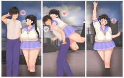 ! !? 1boy 1girls 2023 3d 3koma :o absurd_res absurdres arm_behind_head arm_up black_eyes black_hair black_stockings boyfriend-girlfriend breasts cheating cheating_girlfriend chubby chubby_female closed_eyes clueless comic cuckold faceless faceless_male female footwear from_behind heart hi_res high_resolution highres kana_hayashi_(vyrus_smith) looking_at_another multiple_views navel netorare ntr older_male open_mouth original outside school_uniform shoes skirt speech_bubble spoken_heart stockings tied_hair trembling twintails underwear uniform vyrus_smith