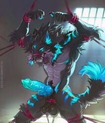 anthro blue_penis bondage cum dubious_consent fangs glowing_genitalia glowing_penis hi_res highres knot male muscular_male precum prisoner rope tagme werewolf wolf xanrel_(xanrel_nightglow) xenoguardian