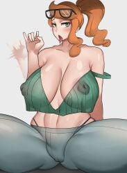 1girls areola_slip bobtheneet covered_nipples fellatio_gesture glasses glasses_on_head inviting_to_suck large_breasts looking_at_viewer nintendo open_mouth oral_invitation orange_hair pokemon pokemon_ss sitting slightly_chubby solo sonia_(pokemon) spread_legs tongue_out