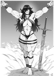 1girls abs absurd_res armpits arms_up black_hair blush breasts choker cleavage commission francesca_tor grappler_baki greyscale grin hi_res large_breasts lats_(muscle) long_hair looking_down monochrome muscular muscular_arms muscular_female navel original original_character outstretched_arms pose sharp_teeth signature smile solo speedl00ver sword thick_thighs tunometecabrasaramambiche veins weapon