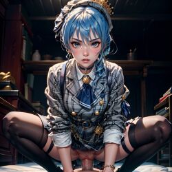 1girls ai_generated beret blue_eyes blue_hair blue_necktie choker cowgirl_position female_focus hi_res hololive hoshimachi_suisei looking_at_viewer plaid plaid_headwear plaid_jacket plaid_skirt pov pubic_hair pussy sex side_ponytail squatting squatting_cowgirl_position stable_diffusion thighhighs uncensored vaginal_penetration virtual_youtuber