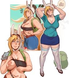 1girls adventure_time armpits backpack bag blonde_hair bunny_ears casual cleavage clothing eyewear female female_only fionna_and_cake fionna_campbell fionna_the_human_girl hat headwear human large_breasts legwear miniskirt nastacicnsfw one_breast_out pale_skin shorts skirt smile solo standing