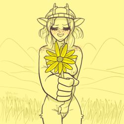 anthro antlers blueregardtwo blush breasts clothing covering covering_crotch deer elaine_(blueregardtwo) embarrassed embarrassed_nude_female enf female field flower hair hat headgear headwear horn long_hair mammal mountain nipples nude outside plant senftember senftember_(2023) solo