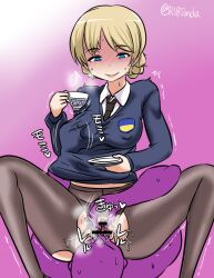 1boy blonde_hair blue_eyes blush braid breast_grab breasts censored clitoral_stimulation clitoris clitoris_tweak cowgirl_position cunnilingus darjeeling female girls_und_panzer grabbing groping holding holding_cup large_breasts oral pantyhose pussy short_hair sitting sitting_on_face sitting_on_person st._gloriana's_school_uniform straight sweat tonda torn_clothes torn_pantyhose