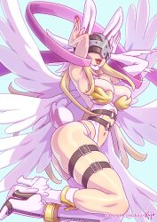 6_wings angel angel_girl angewomon armor ass big_breasts breastplate bursting_breasts busty buxom cleavage curvy digimon digimon_(species) female head_wings huge_ass kajinman leotard long_hair mask rabbit_ears rabbit_pose very_long_hair wide_hips wings