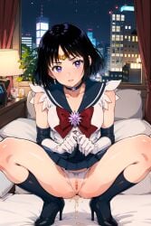 ai_generated bed bishoujo_senshi_sailor_moon black_hair black_socks blush clothing embarrassed high_heels hotaru_tomoe hotel hotel_room knee_socks kneehighs kneesocks open_mouth panties peeing peeing_self purple_eyes pussy sailor_saturn skirt skirt_lift small_breasts socks socks_and_heels spread_legs wet wet_panties wet_pussy