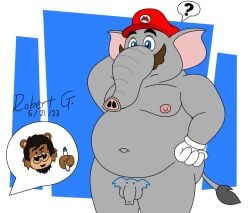 2023 2boys anthro balls ballsack black_hair blue_eyes body_drawing brown_fur brown_hair clothing elephant elephant_mario elephantid facial_hair flaccid_penis foreskin frown genitals gloves goatee grey_skin hat headgear headwear humanoid_penis intact long_foreskin male male_nipples male_only mammal mario mario_(series) marker moobs mustache nintendo nude_male partial_male penis proboscidean question_mark robertgdraws scrotum slightly_chubby smooth_penis solo_focus soul_patch speech_bubble super_mario_bros._wonder tail tail_tuft testicles toony uncut unretracted_foreskin