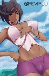 1girls blue_nails dark-skinned_female dark_skin earrings female female_only jewelry nail_polish nintendo olivia_(pokemon) pokemon pokemon_sm reviruu short_shorts shorts