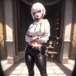 ai_generated ai_hands crop_top female grand_theft_auto gta_v jeans original_character red_lipstick shy solo white_hair