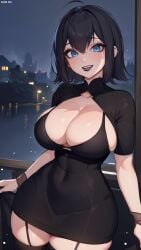 1girls ai_generated black_hair blue_eyes city_background exposed_breasts exposed_thighs female_only goth hotel_transylvania mavis_dracula mavixtious open_shirt tagme