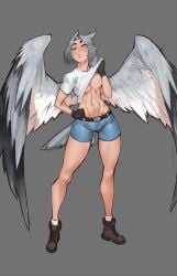 abs avian big_breasts bird_tail clothing feathers grey_hair harpy harpy_humanoid indie_virtual_youtuber jorts large_breasts lofam owl owl_ears owl_girl owl_human solo tail tan_body thick_thighs twitch virtual_youtuber wings yellow_eyes