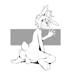 1boy absurd_res anthro antlers anus ass backsack balls femboy fur genitals gesture hair hi_res horn jackalope lagomorph long_ears looking_back male mammal monochrome nude penis short_tail simple_background sitting solo tail twang waving