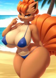 ai_generated anthro arm_behind_back beach big_breasts bikini bikini_bottom bikini_top blue_bikini blurry_background brown_fur covered_nipples curvy cute ear_tuft female generation_1_pokemon large_ass multiple_tails orange_eyes orange_fur palm_tree pointing pointing_at_self pokémon_(species) pokemon pokemon_(species) seductive_look stable_diffusion thick_thighs thighs voluptuous vulpix water wide_hips