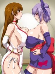 2girls ayane_(doa) breast_press breasts competition dead_or_alive highres huge_breasts kasumi_(doa) large_breasts multiple_girls ninja no_bra no_panties purple_hair revealing_clothes sideboob sweat symmetrical_docking tecmo water_beryl