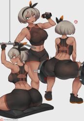 1girls abs anger_vein ass barbell bea_(pokemon) bike_shorts bobtheneet bottle breasts covered_nipples exercise full_body muscular_female pokemon pokemon_ss short_hair solo sports_bra sportswear squatting sweating working_out