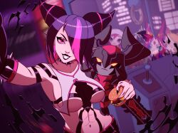 aatrox abs burger elf_ears evil_rise7 goth_elf hair_over_one_eye hamburger juri_han looking_at_viewer pointy_ears sadistic sadistic_girl sadistic_smile sharp_teeth street_fighter street_fighter_6 vampire vampire_elf vampire_fangs vampire_girl vampire_teeth