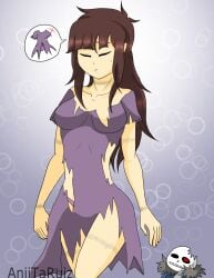 1boy 1girls aliza_(horrortale) alternate_universe aniitaruiz animated_skeleton artist_name blush breasts brown_hair bubble_text closed_eyes female female_focus girl holding_clothes horrortale horrortale_sans human light-skinned_female light_brown_hair light_skin male purple_dress purple_panties purple_underwear sans sans_au scars scars_all_over scars_on_arm scars_on_thighs skeleton text_bubble undertale undertale_(series) undertale_au