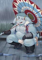 anthro asian_clothing belly blue_body blue_eyes blue_fur bulge clothing detailed_bulge east_asian_clothing fundoshi fur hi_res inaba_(tamacolle) japanese_clothing lagomorph leporid male mammal moobs navel nipples overweight pawsve rabbit raining solo tamacolle umbrella underwear