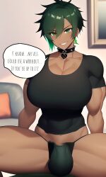 1futa ai_generated anal_invitation big_balls big_butt big_penis bulge bulge_in_panties dark_skin futa_only futanari futasub green_eyes green_hair morgan_(xdk141) novelai pov solo solo_futa spiked_collar t-shirt thong xdk141