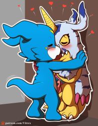 animal_genitalia anthro balls bandai_namco blue_body blush claws closed_eyes digimon digimon_(species) digital_media_(artwork) duo erection fangs frottage fur gabumon genitals hi_res horn kissing male male/male nude penis pinned pinned_to_wall scalie sex simple_background smile tail teeth veemon vitrex yellow_body