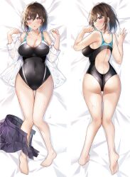 ass ass_focus bare_shoulders barefoot blush breasts brown_hair cleavage closed_mouth collarbone collared_shirt competition_swimsuit covered_navel curvy dakimakura_(medium) dot_nose feet female gluteal_fold hair_between_eyes hawawa-chan_(shiro_kuma_shake) highres huge_ass huge_breasts knees_together_feet_apart legs legs_together long_sleeves looking_at_viewer lying median_furrow medium_hair miniskirt multiple_views off_shoulder on_back on_stomach one-piece_swimsuit original pleated_skirt purple_eyes purple_skirt racerback raised_eyebrows shiro_kuma_shake shirt sidelocks skirt skirt_removed soles swimsuit thigh_gap toes wavy_mouth wet wet_clothes wet_hair wet_shirt white_shirt wide_hips