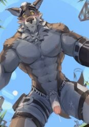 anthro blush brown_body brown_fur canid canine canis clothed clothing epic_games fortnite fur genitals hi_res looking_at_viewer male mammal muscular muscular_male nipples penis solo vinstacc wendell_(fortnite) wolf yellow_sclera