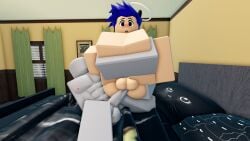 2boys 3d blue_hair blush dummy_(roblox) gay gray_body hand_on_leg male male/male male_only male_penetrating_male oc oc_character penetration roblox robloxian tagme yaoi