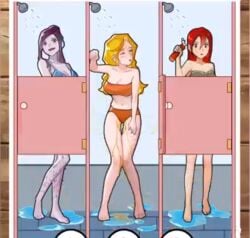 ad blonde_hair closed_eyes female hairy_legs leaning_against_wall leaning_forward leaning_on_wall peeing peeing_on_floor peeing_self peeing_swimsuit relief satisfied shower showering standing standing_pee swimsuit urine