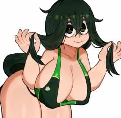 1girls big_breasts bra cleavage eyebrows eyebrows_visible_through_hair female female_only green_hair large_breasts long_hair looking_at_viewer melonpuff my_hero_academia panties solo solo_female solo_focus thick_thighs thighs tsuyu_asui wide_hips