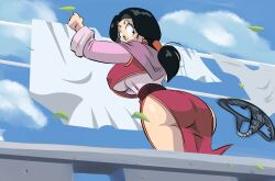 1girls big_ass big_breasts black_hair chichi chichi_(end_of_dbz) dat_ass dragon_ball dragon_ball_z female_only funsexydragonball laundry looking_back milf mother panties shocked underboob