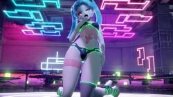 1girls 3d 3d_(artwork) 3d_model ahe_gao blue_hair breasts club cute cybernetics cyberpunk:_edgerunners cyberpunk_2077 cyborg grey_skin hi_res high_resolution highres horny horny_female kneeling looking_at_viewer looking_pleasured mantis_x midriff multicolored_eyes neon neon_lights neon_trim on_knees pale-skinned_female pale_skin petite posing practically_nude presenting rebecca_(edgerunners) seductive seductive_pose shortstack small_breasts solo solo_female solo_focus tattoo tongue tongue_out twintails wide_hips