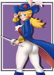 1girls ass ass_focus blonde_hair blue_eyes cravat ear_piercing earrings female female_only gummslime hat light-skinned_female light_skin mario_(series) panties panties_visible_through_clothing pantylines png ponytail princess_peach princess_peach:_showtime! rapier solo standing swordfighter_peach