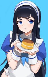 1girls blue_eyes dark_hair dessert female female_only food fully_clothed kill_la_kill kiryuuin_satsuki long_hair looking_away maid_apron maid_uniform solo t-lex